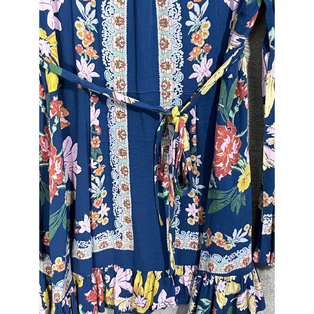 Free People Tunic Blouse Small Blue Floral Tie Back Boho Hippie Festival - Picture 9 of 10